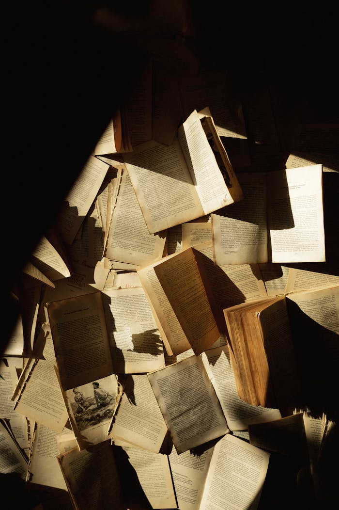 A striking overhead composition of vintage books with scattered open pages in dramatic light.